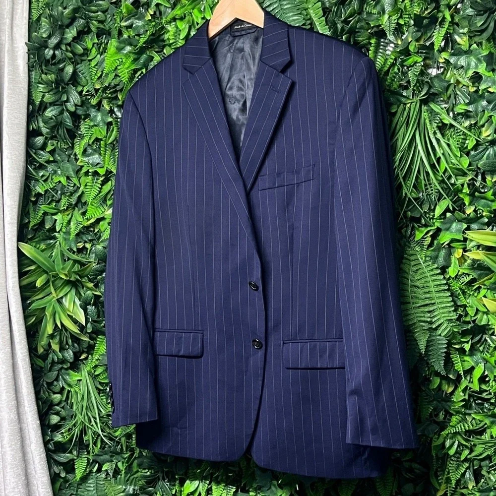 Ralph Lauren Blazer Men 42R Navy Pinstripe Suit Jacket 100% Wool Natural Stretch